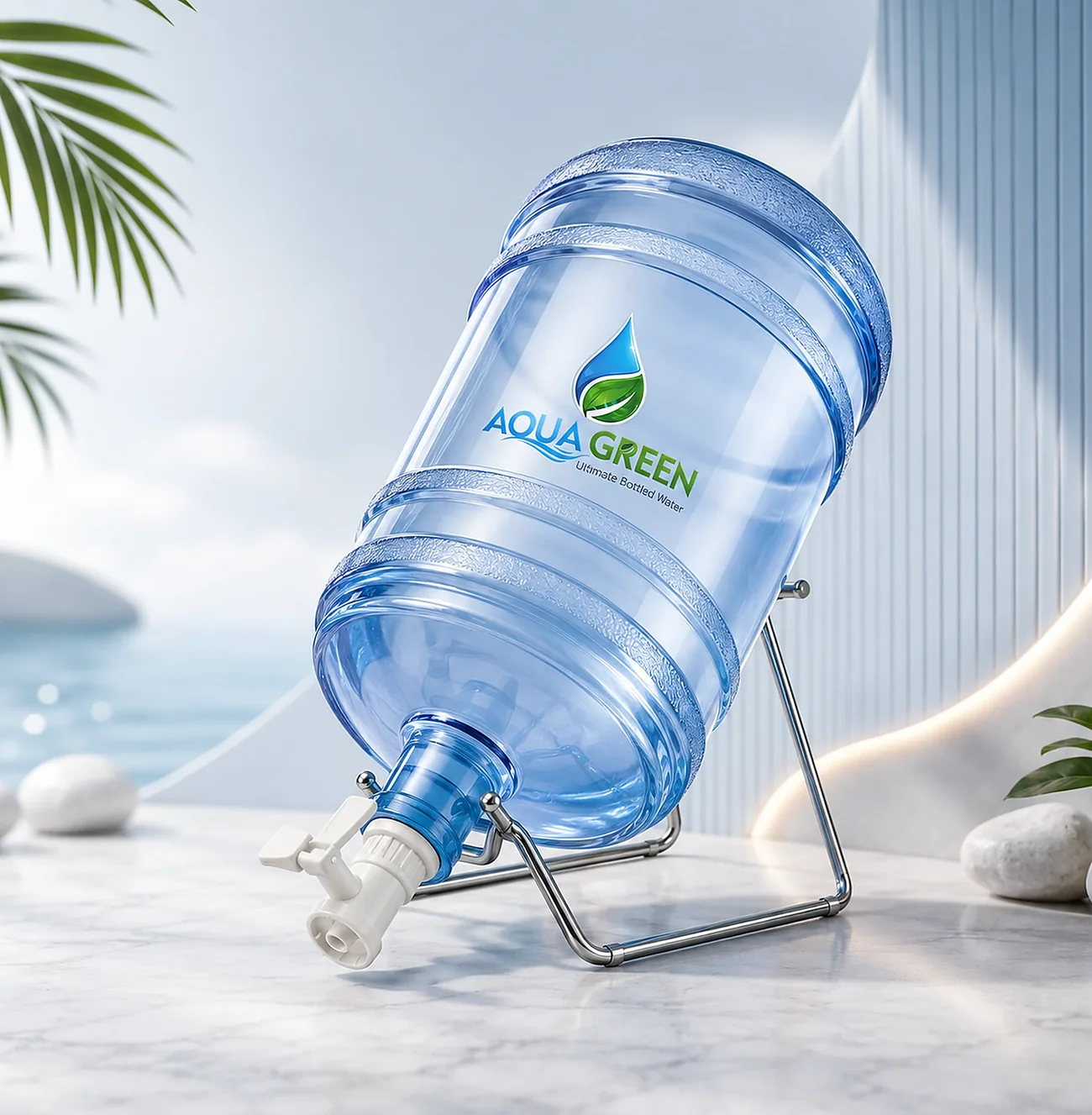 Aqua Green 19 litre bottle on a serving stand with its tap fitted