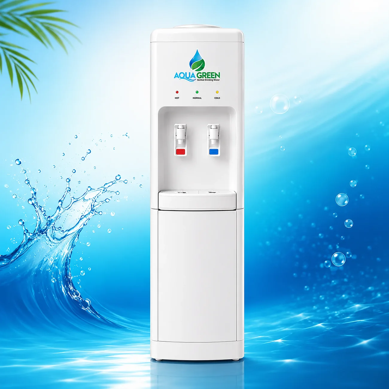 Aqua Green free-standing water cooler with hot, normal and cold taps