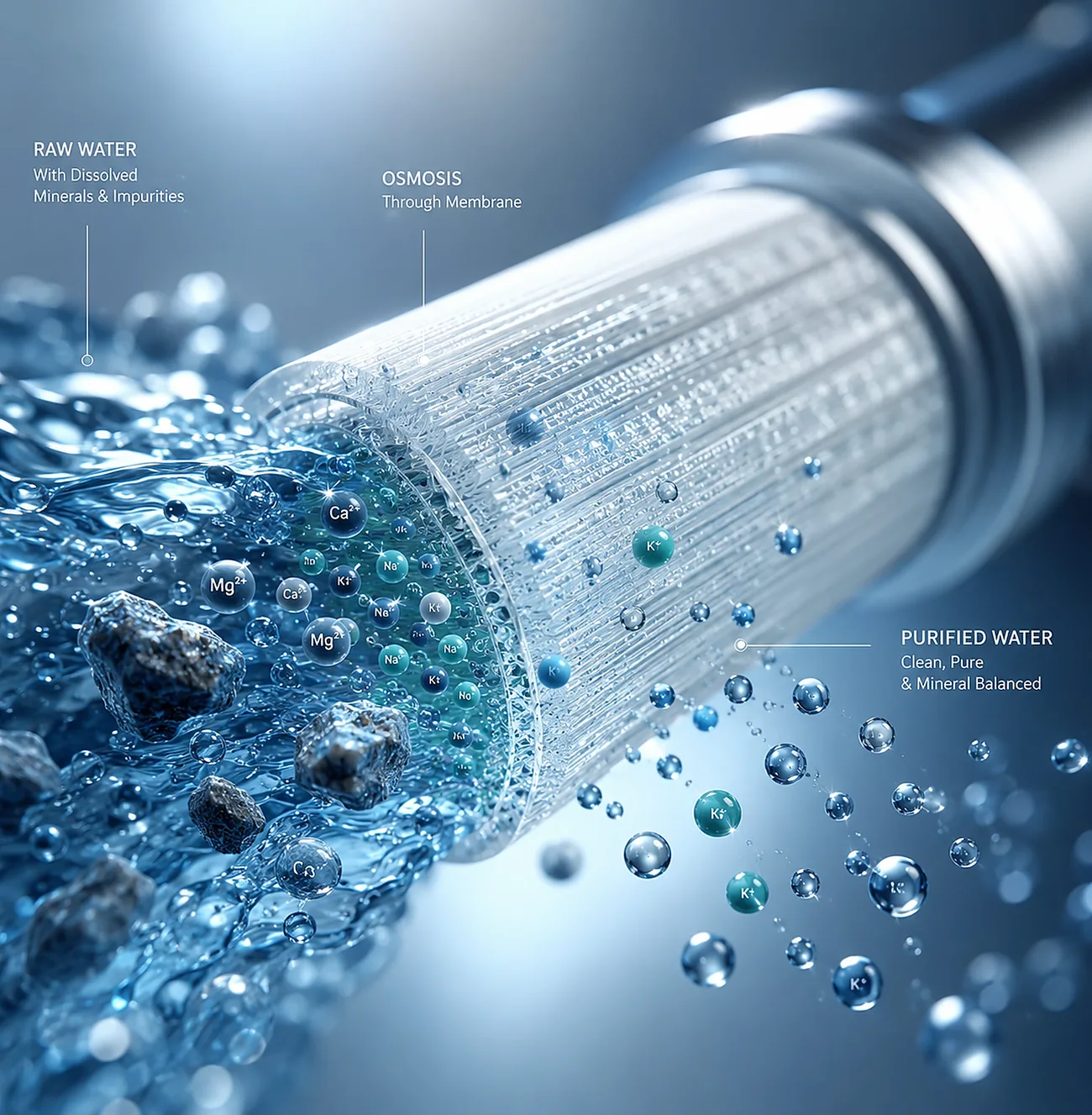 Cross-section of a reverse osmosis membrane separating raw water from purified water