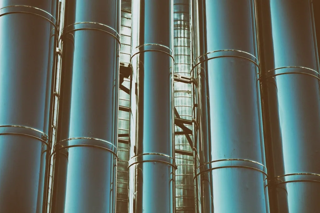 Stainless steel process pipework inside the purification plant